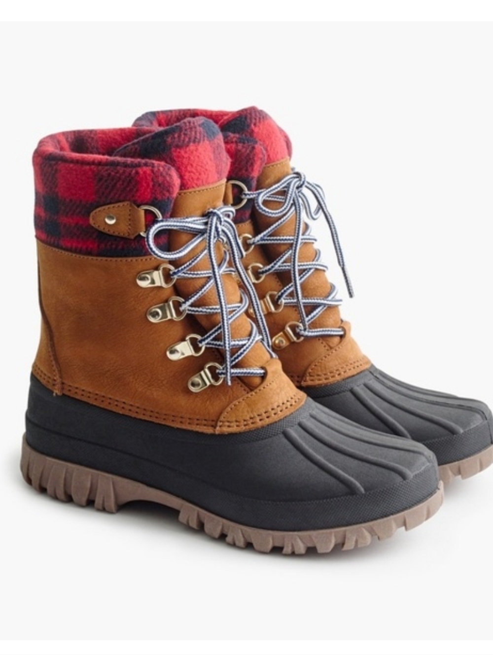 J. Crew Tan Nubuck Duck Boots with Red & Black Plaid Cuff